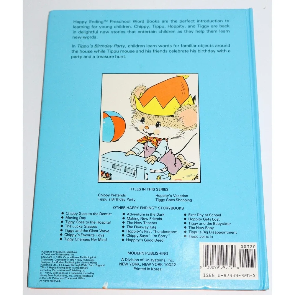 Vintage Tippu's Birthday Party Happy Ending Preschool Word Book 1987 Honey Bear